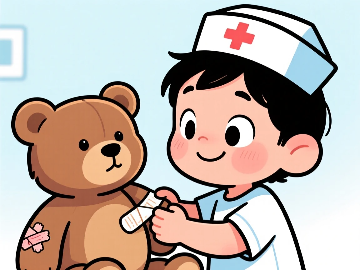 A heartwarming moment depicting a child giving their teddy bear a bandage after a pretend injury, tiny nurse's cap slightly crooked.