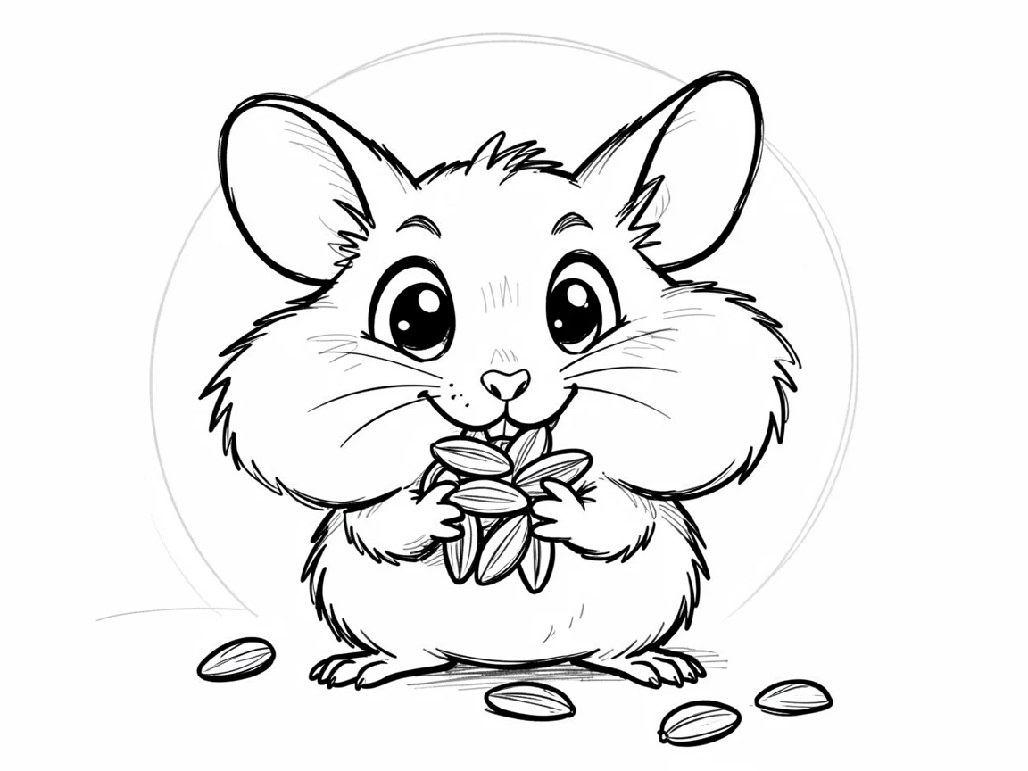 [Cute Animals & Pets] Adorable scene of a tiny hamster stuffing its cheeks with sunflower seeds, bursting with charm and playful energy