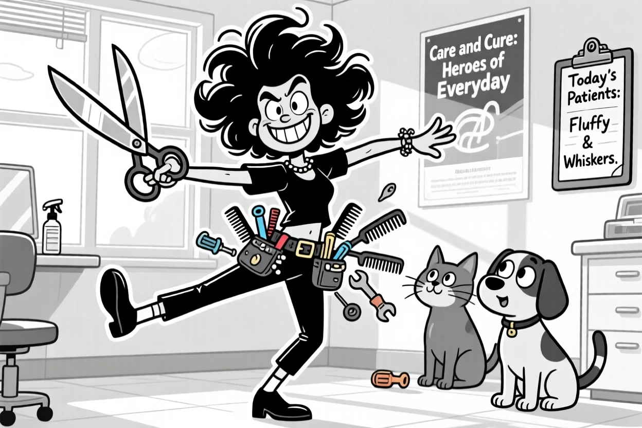 A stylish hairdresser wielding scissors like a sword, demonstrating a perfect pirouette, set in a bright veterinary clinic. A tool belt jingles with mismatched gadgets. The scene celebrates the quiet heroism of everyday work.