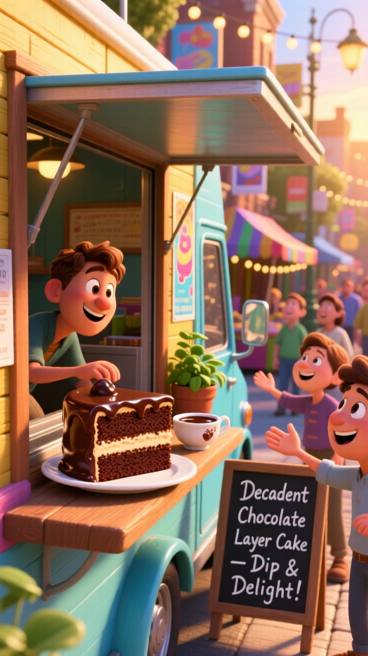 A slice of rich chocolate layer cake sits at a food truck window on a lively street, beside a small dish of dipping sauce. The scene feels inviting, warm, and delicious.