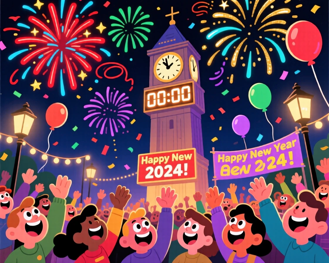 A New Year's Eve countdown with fireworks bursting overhead.