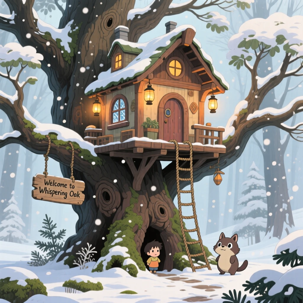 A charming view of a treehouse built among the sprawling branches of an ancient oak, dusted lightly with fresh snow.