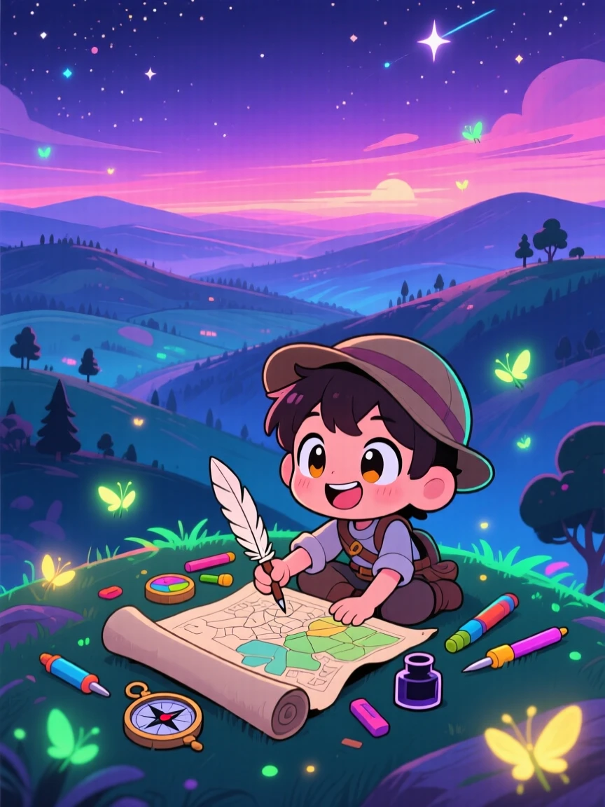 In a sweeping valley view, a young cartographer is sketching a new map atop a hilltop as fireflies begin to glow at dusk, bathed in neon-lit glow, expression full of delighted joy. Shot as a wide establishing shot.