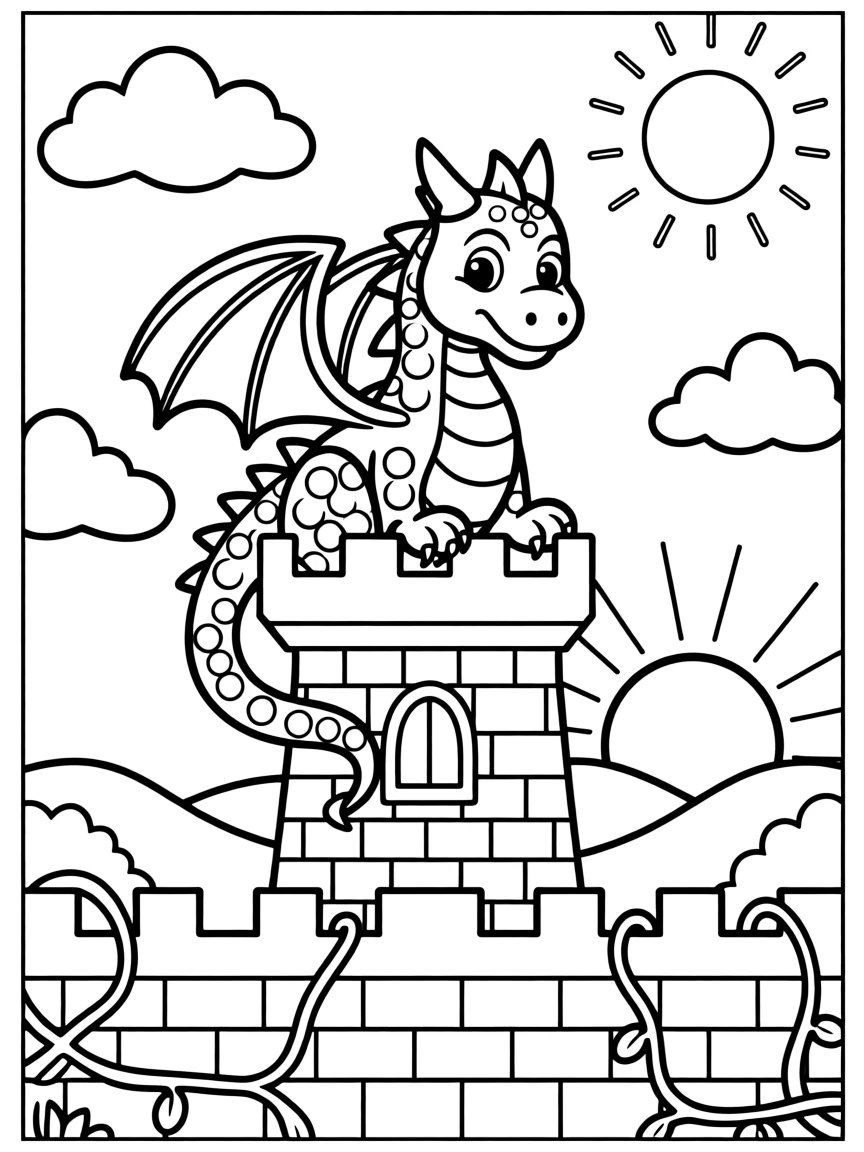 A dragon perched atop a castle tower watching the sunset