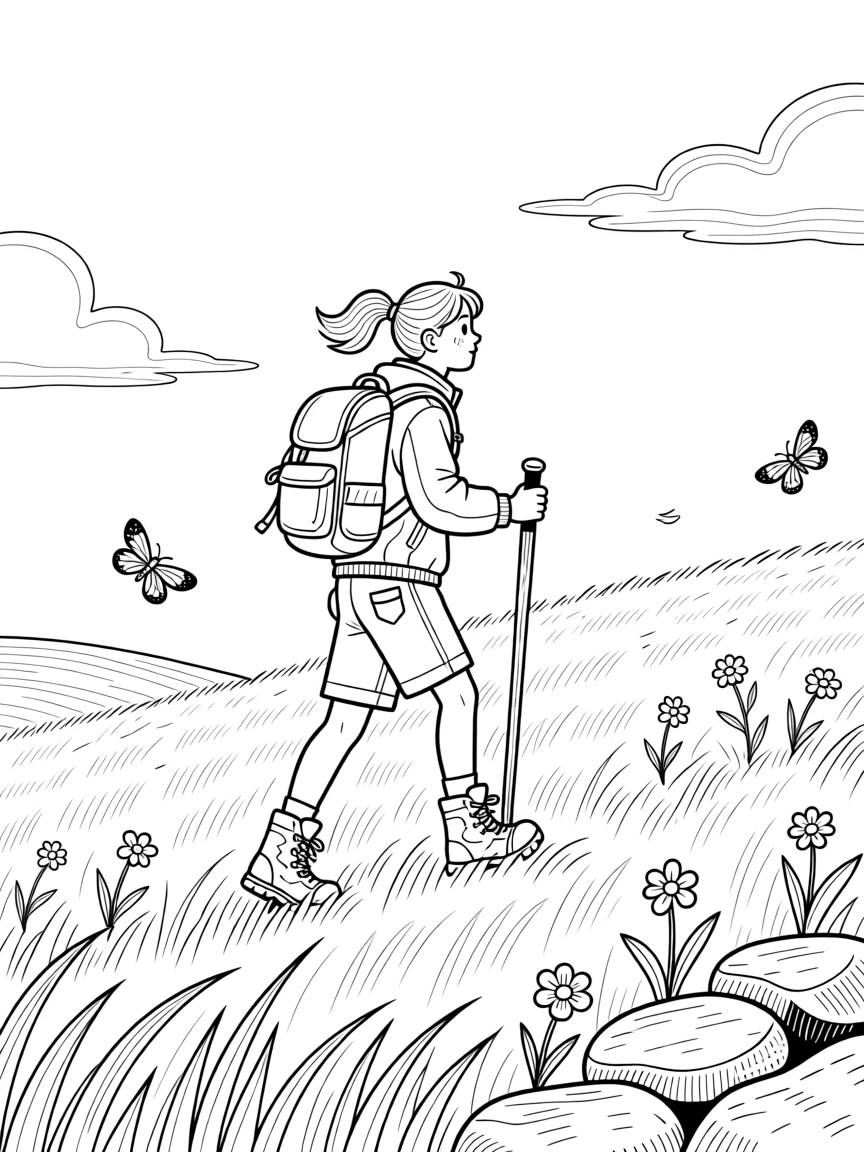 A field of tall grass rippling in the wind under a wide sky, with a distant figure hiking along a ridge.
