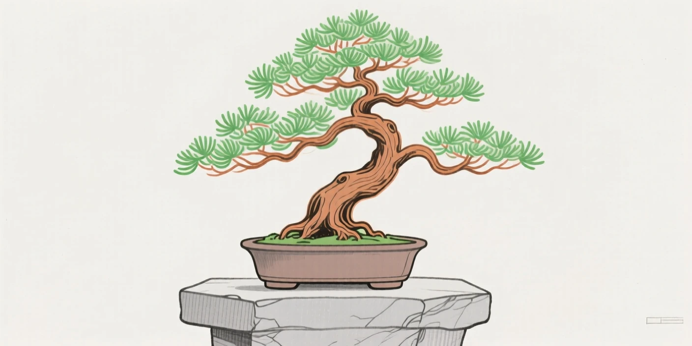A bonsai tree on a stone pedestal.