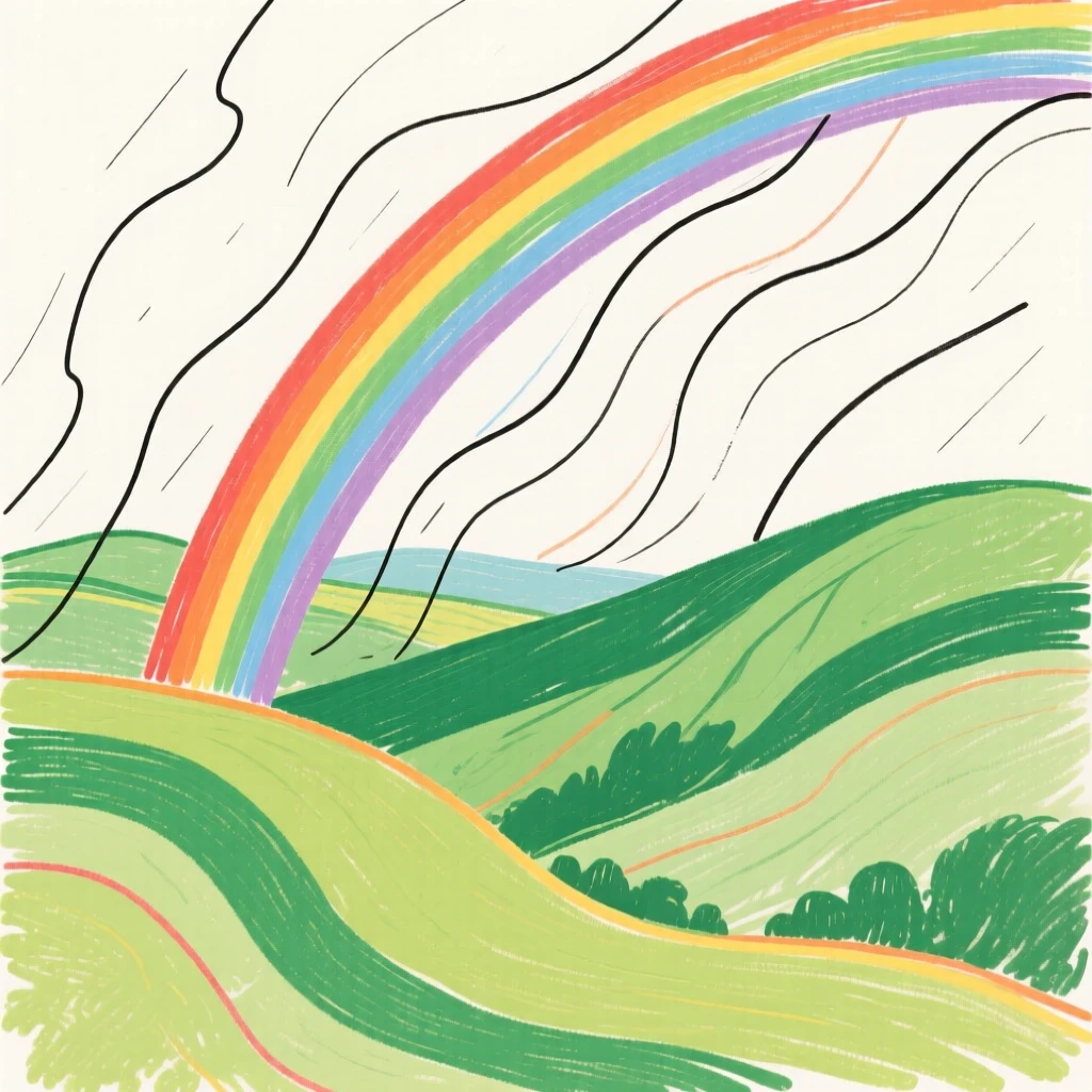 A rainbow arching over a green valley after a passing storm.