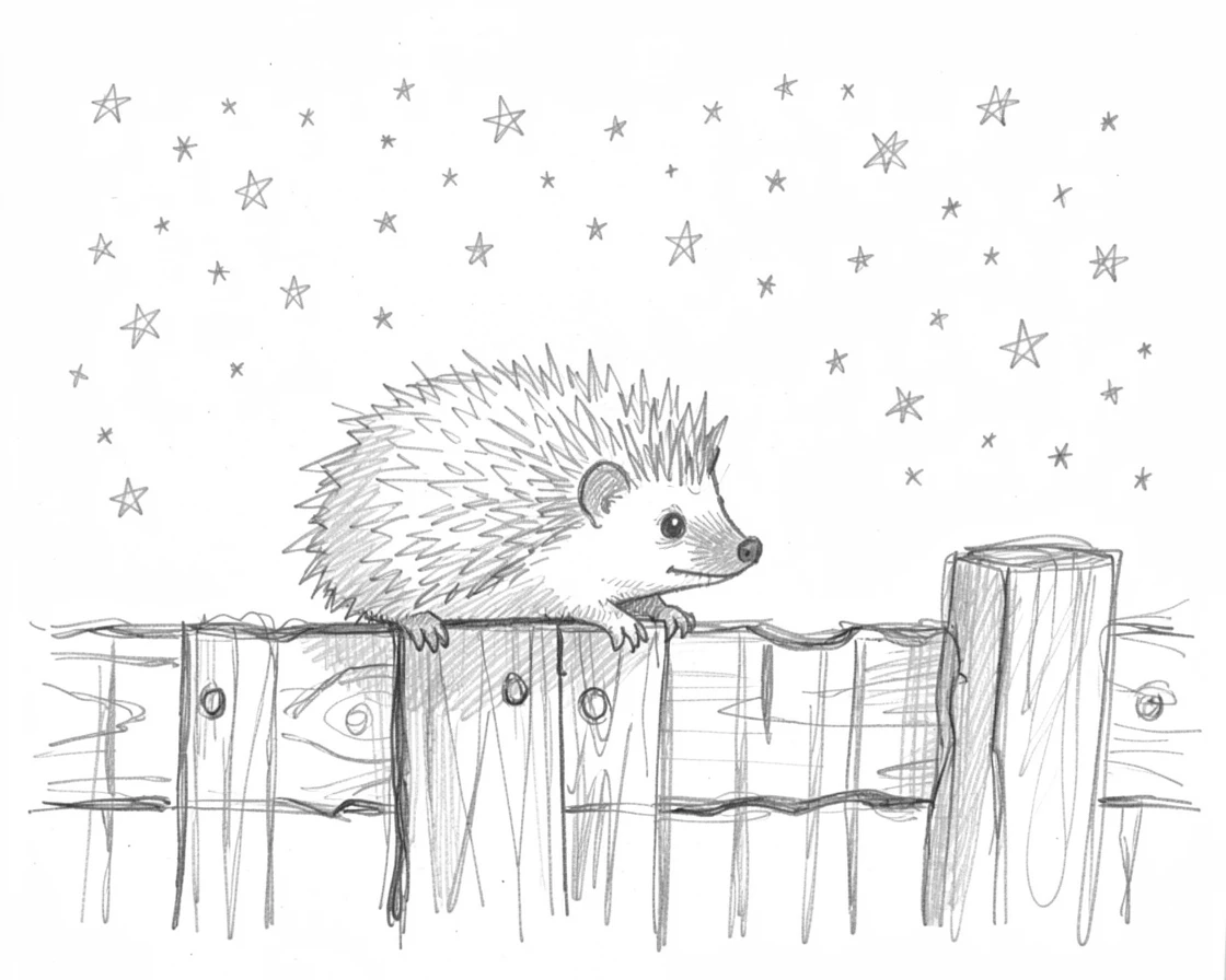 A tiny hedgehog perched on an old wooden fence, beneath a sky full of stars.