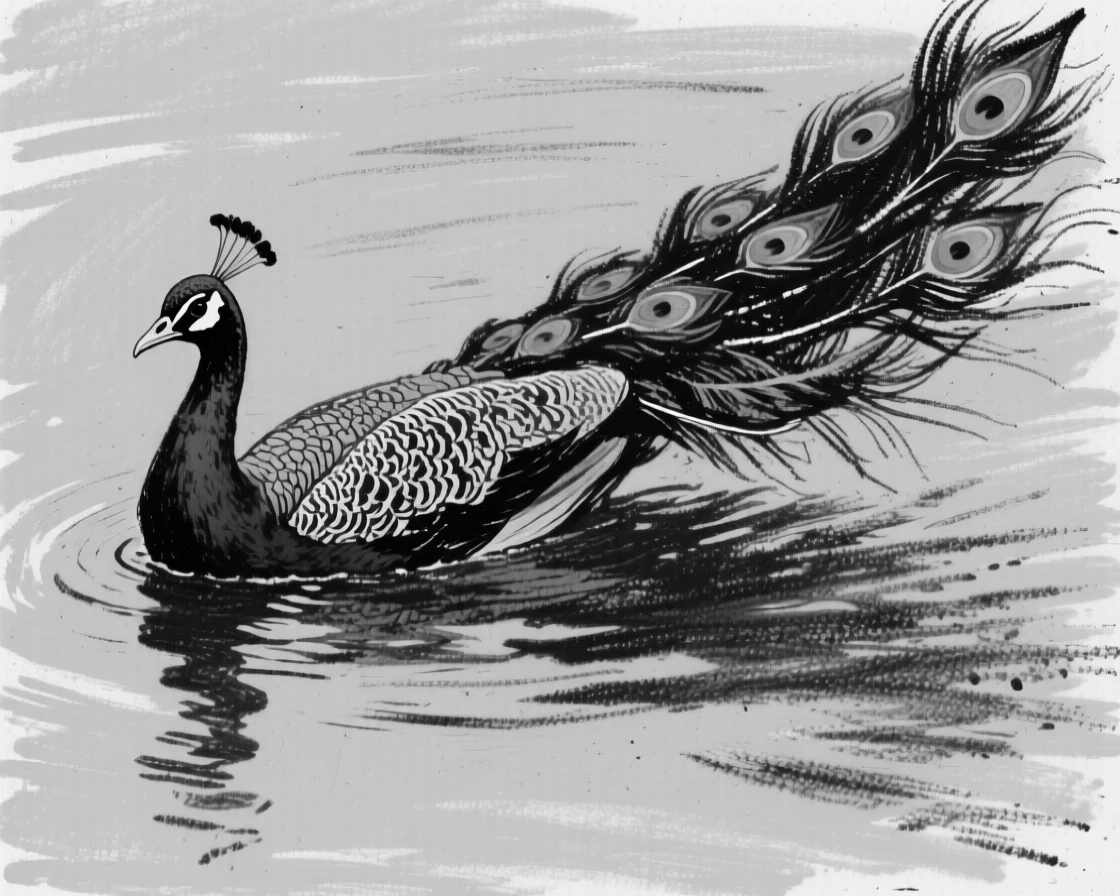 A peacock swimming through calm turquoise waters.