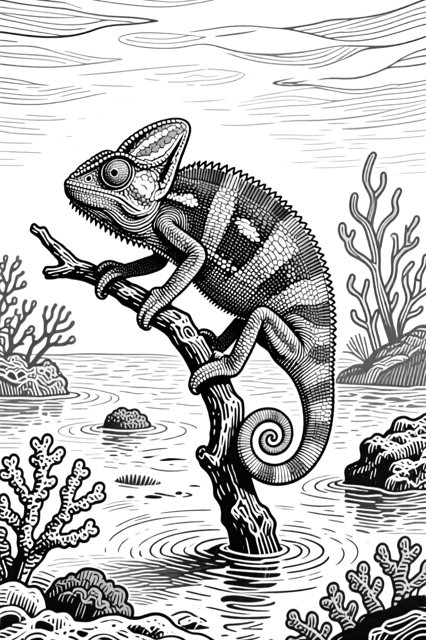 A chameleon on a branch in the shallows of a coral reef, caught in a moment of quiet stillness, capturing a calm and dignified moment in nature with a strong, centered focal point.