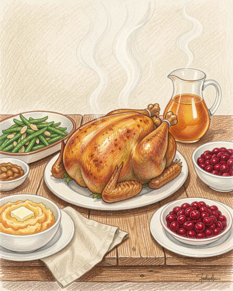 A farmhouse table set with a roast turkey and autumn side dishes, with steam gently rising into the warm air, designed to feel indulgent, cozy, and inviting.