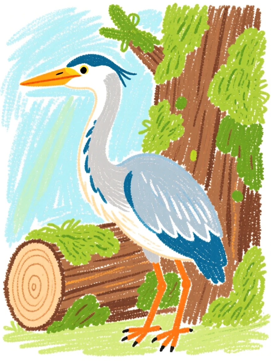 A heron peeking out from behind a moss covered log.
