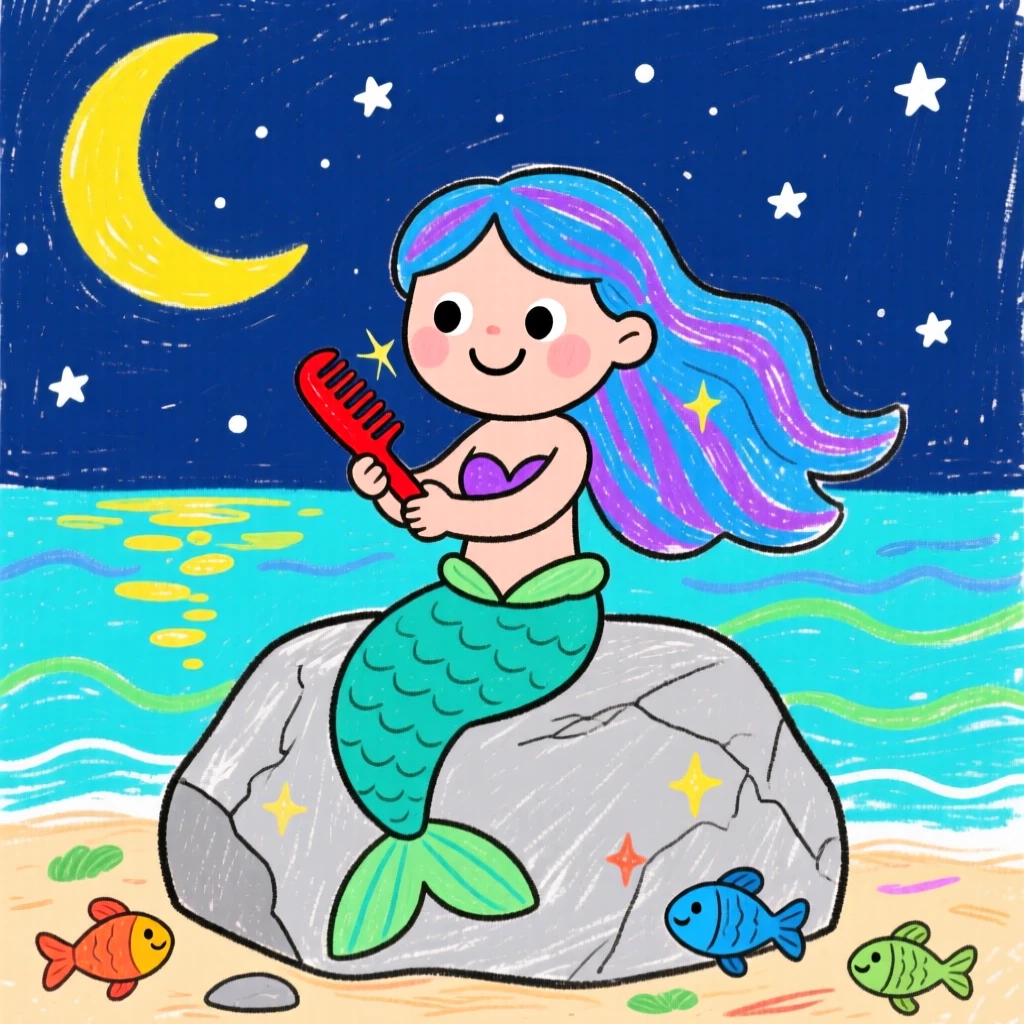 A mermaid combing her hair on a moonlit rock by the sea.