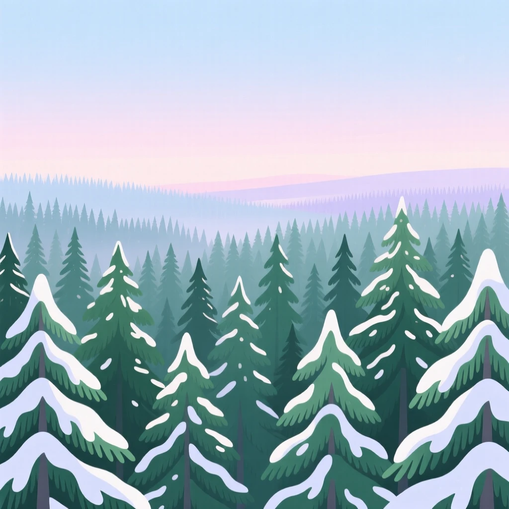 A snow-dusted evergreen forest under a clear blue sky, under a soft pastel morning sky, arranged with layered depth creating a sense of vastness, with delicate textures visible in every leaf and petal.