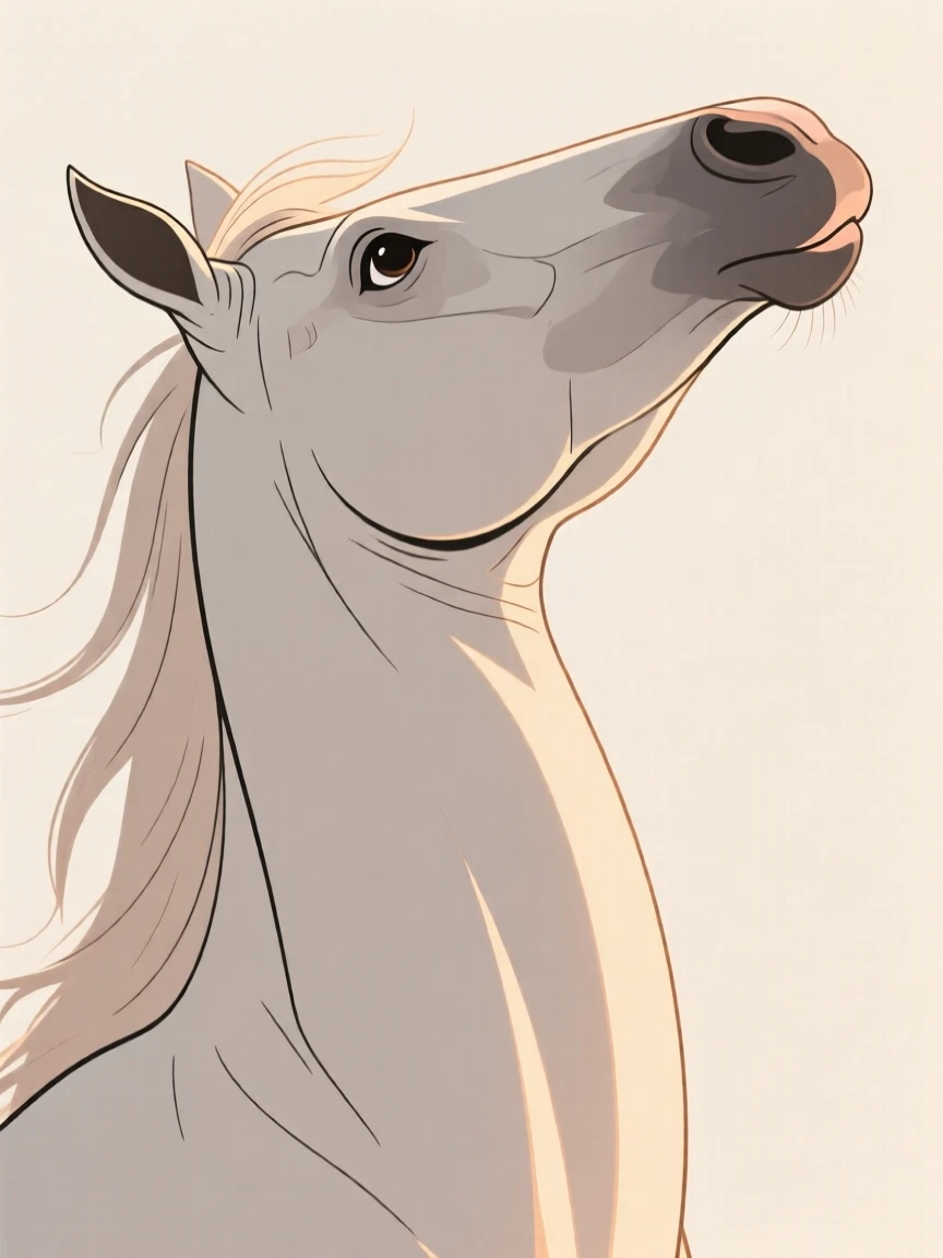A close-up view of a wild horse stretching in the sun, surrounded by soft morning light, full of gentle curiosity.