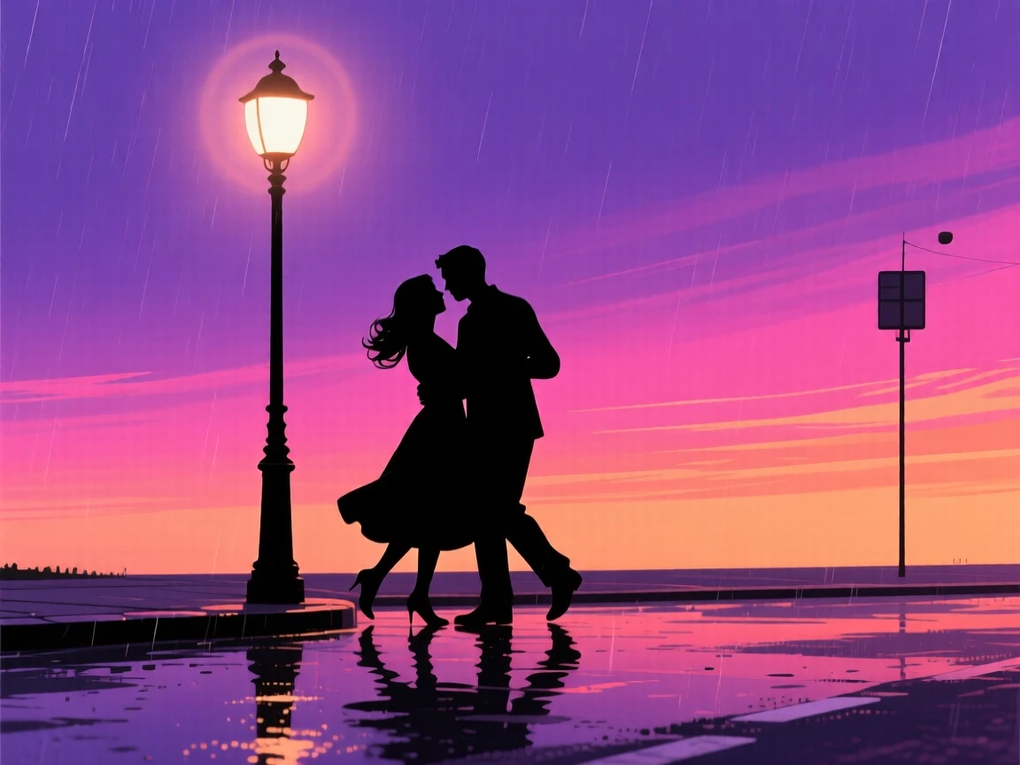 A couple dancing close together beneath a glowing streetlight on an empty rain-slicked street.