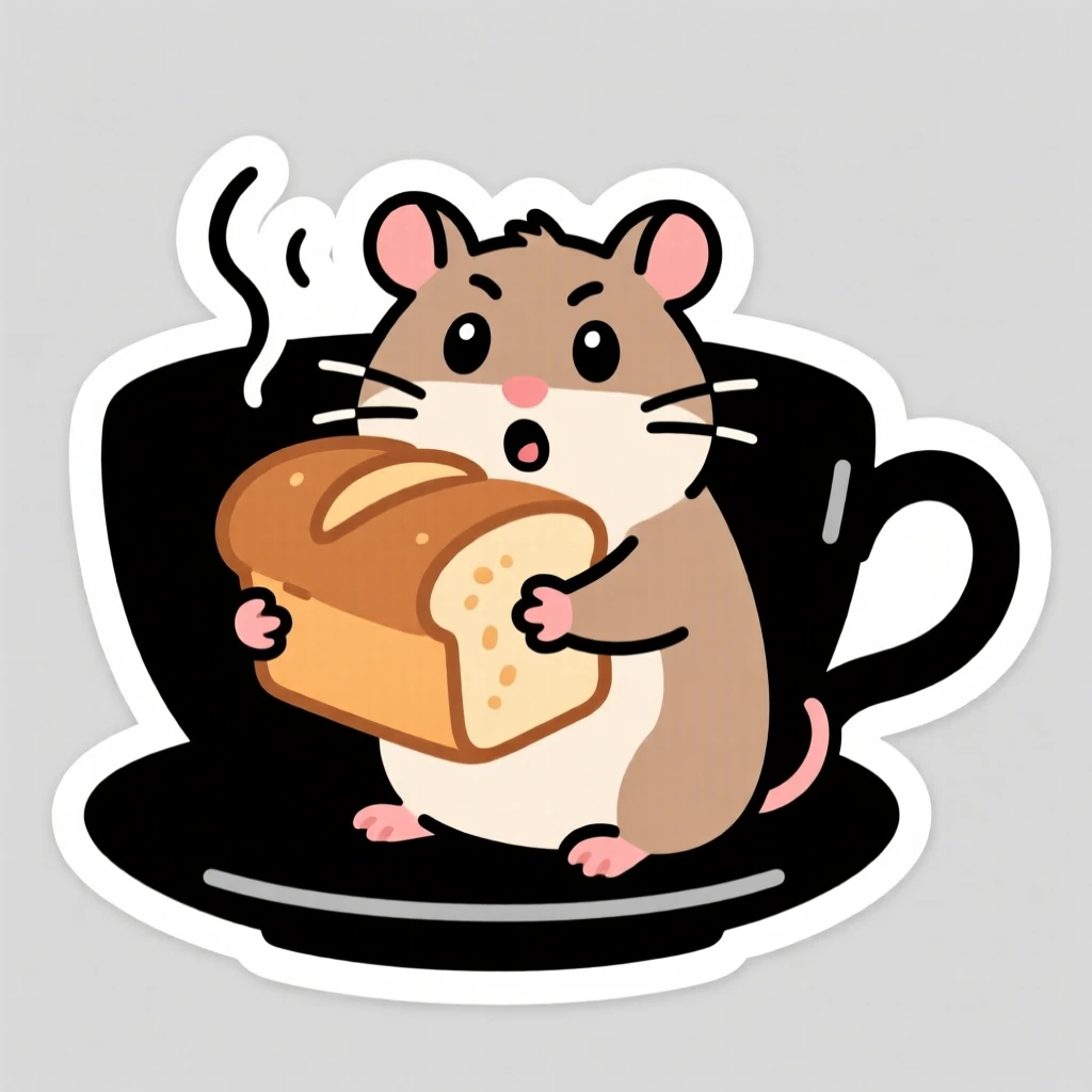 A surprised tiny hamster hugging a warm loaf of bread, inside a giant teacup.