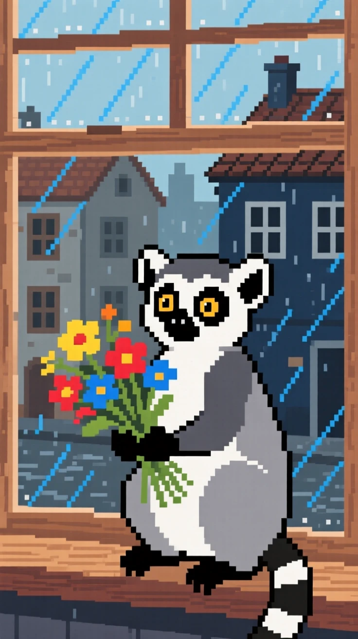 A wide-eyed lemur carrying a bundle of wildflowers home, on a windowsill overlooking a rainy town.