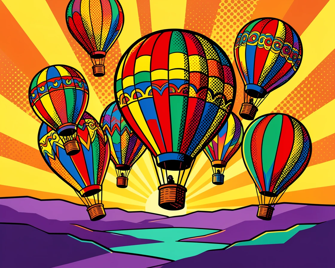 A cluster of elaborate hot air balloons launching at dawn over a valley
