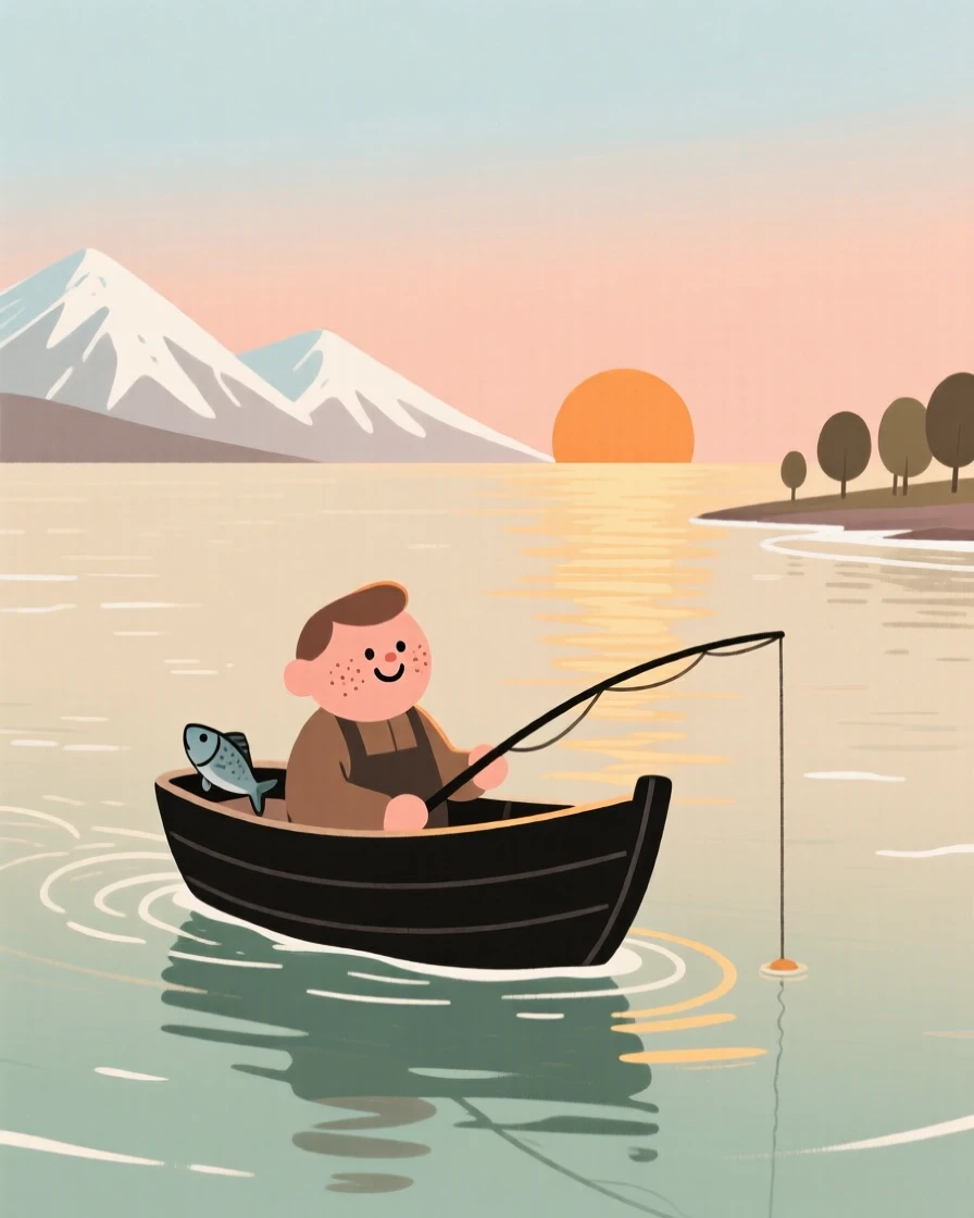 A lone fishing boat drifts across a calm bay as the golden glow of sunset stretches across the surface and snow-capped peaks rise in the distance.