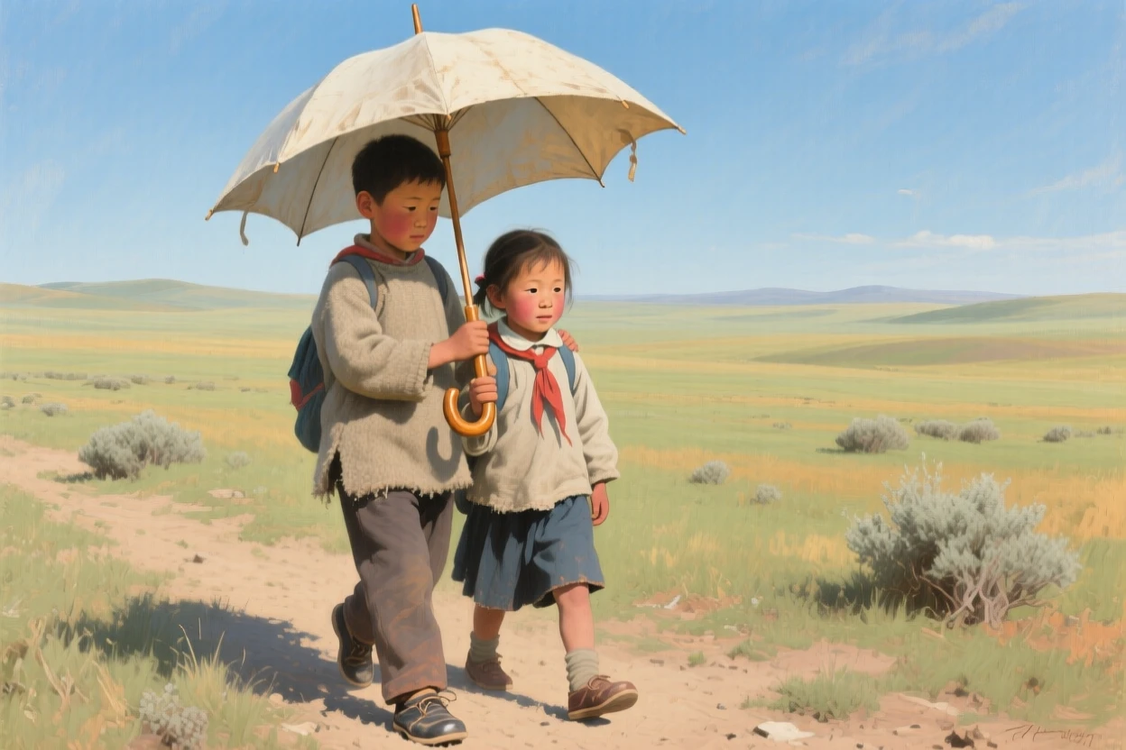 A detailed close shot of two children sharing an umbrella while walking home from school, under a clear blue sky, in the Mongolian steppe.