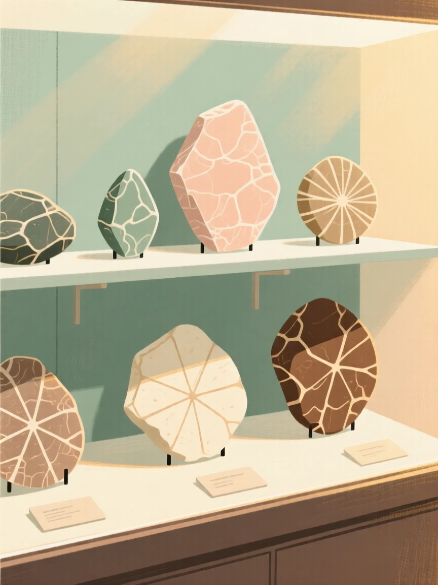 A collection of polished stones and fossils on a museum shelf