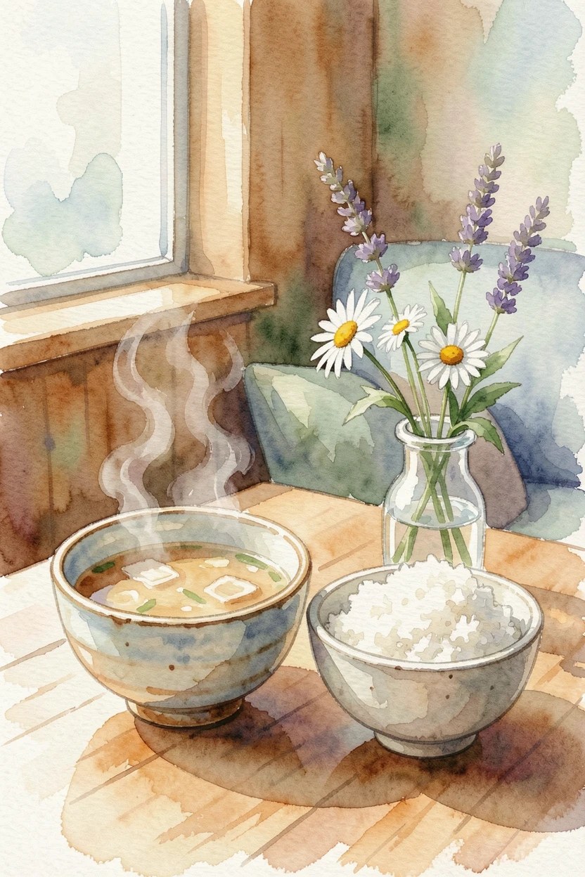 A bowl of miso soup and rice in a cozy cafe setting with a small vase of flowers nearby.