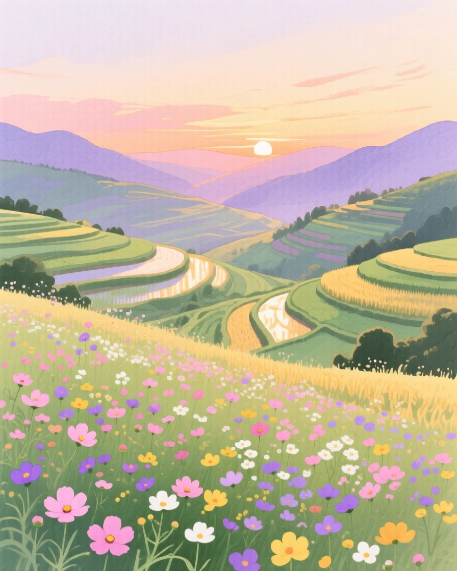A breathtaking view of a valley of blooming wildflowers in the soft glow of dusk, where terraced fields catch the light