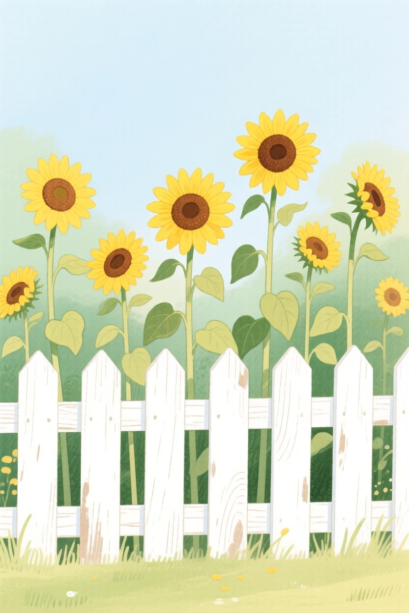 A gentle still-life scene featuring a row of sunflowers taller than a garden fence.