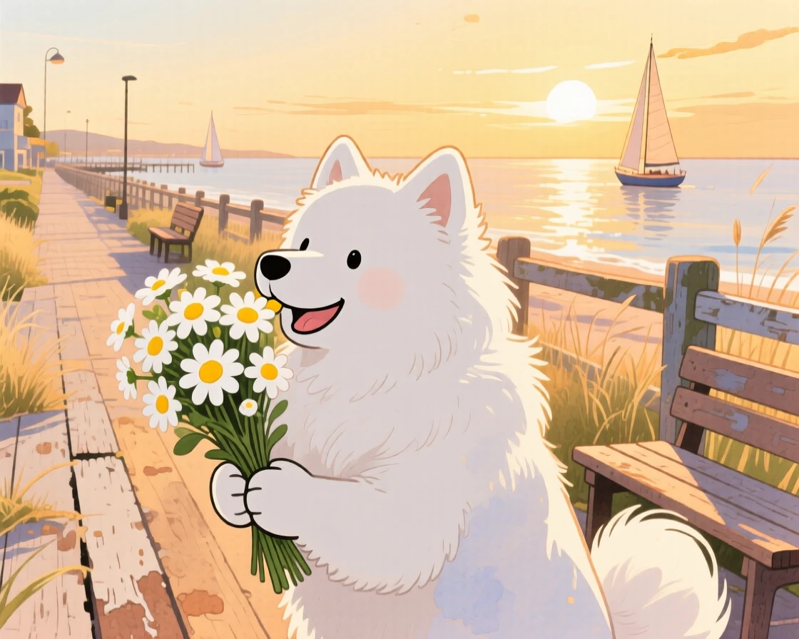A fluffy samoyed dog sniffing a bouquet of daisies, set in a seaside boardwalk at golden hour, brimming with cozy comfort.