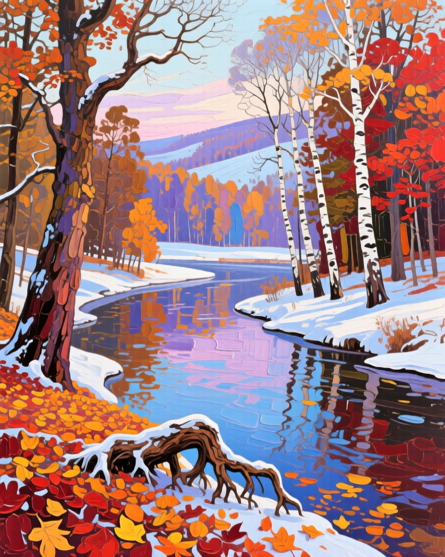 a river bend beneath autumn trees, on a still winter afternoon, with layered visual detail from foreground to horizon.