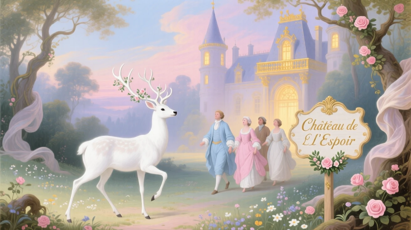 A white stag leading lost travelers toward a warmly lit castle  
