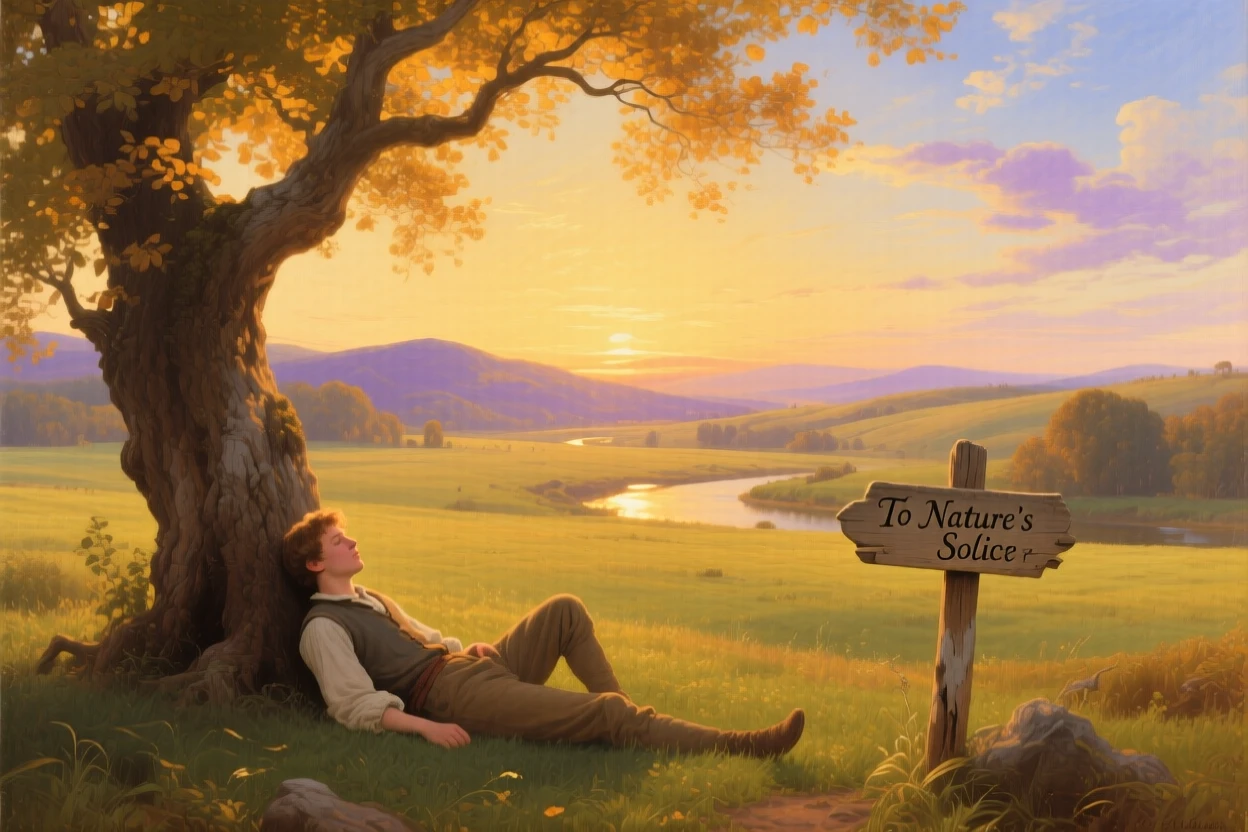 A lone figure rests beneath the last rays of a golden afternoon across a wide open field.