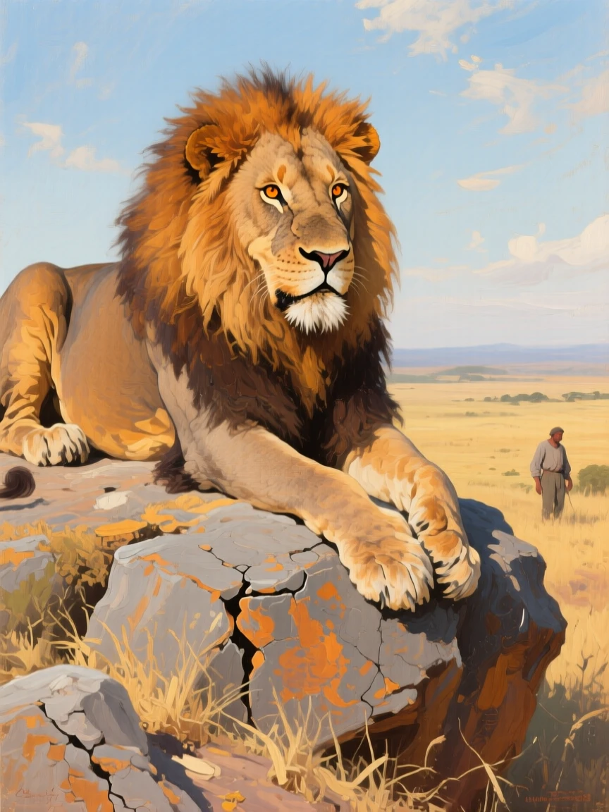 A majestic African lion resting atop a sunbaked rock outcrop, muscles tensed with powerful, controlled grace, offering a striking, emotionally resonant wildlife portrait