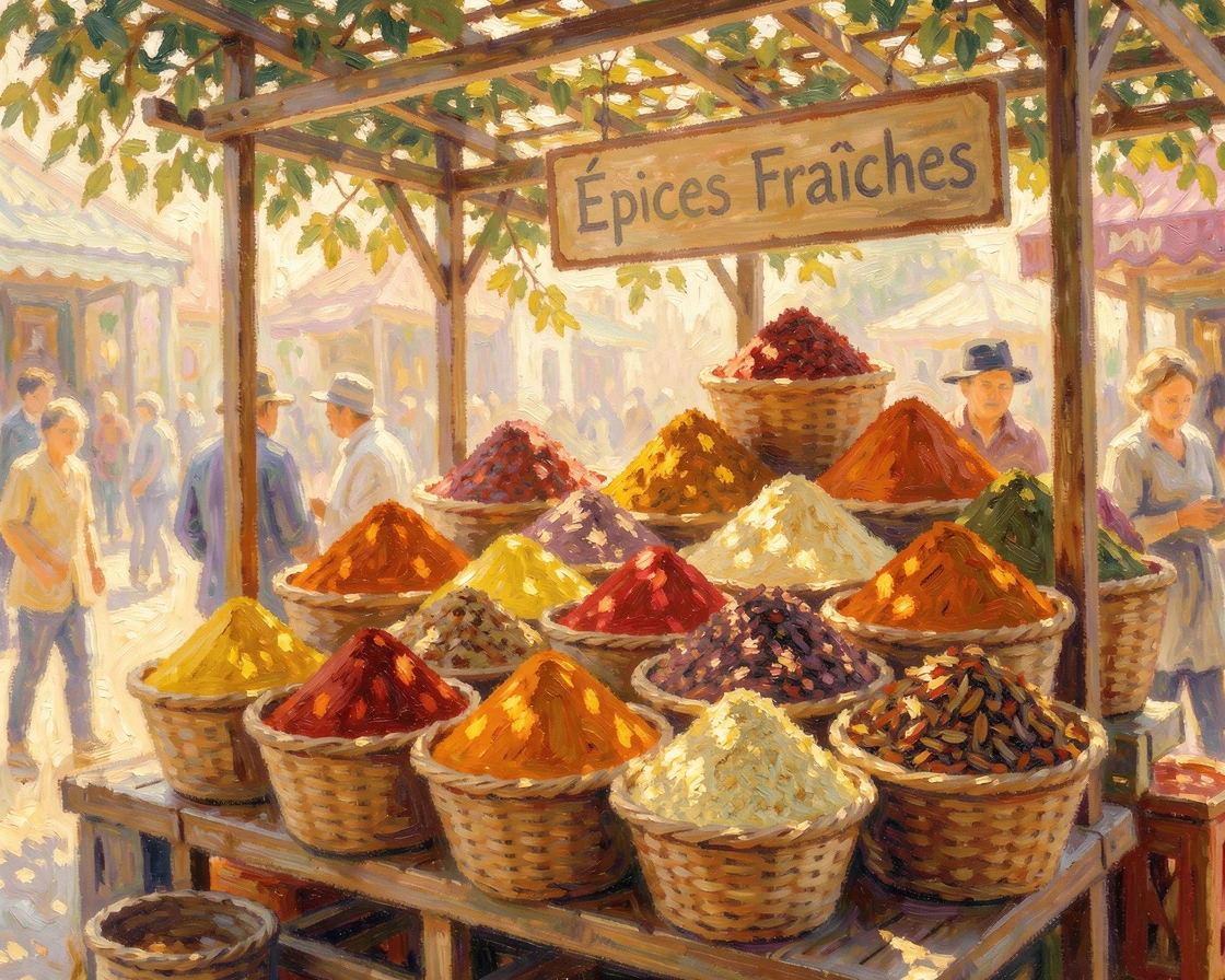 A charming spice market stall overflowing with mounds of colorful spices in woven baskets.