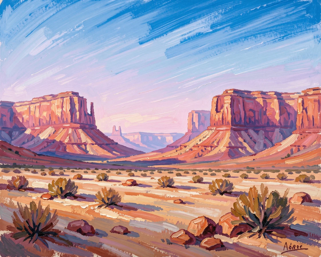 A wide desert valley at sunrise, mesas glowing pink against a clear sky.