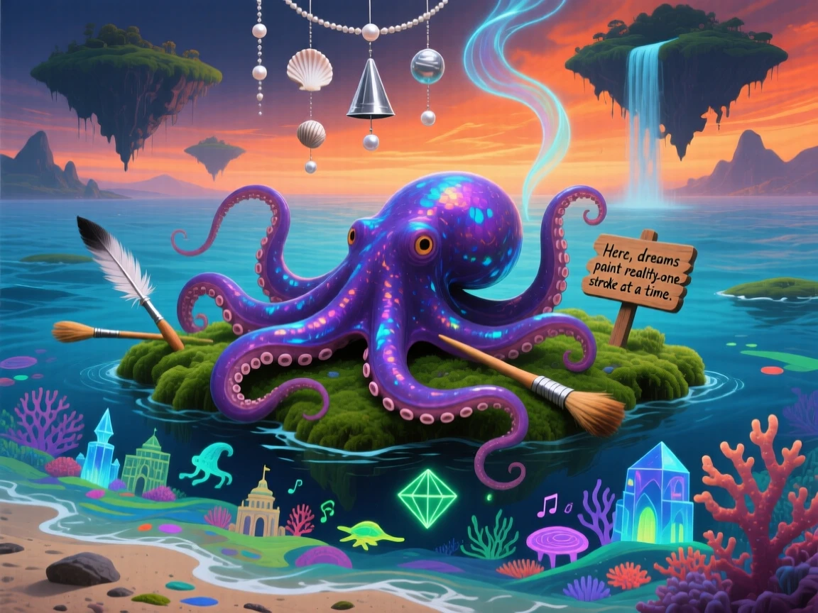 An octopus painting the ocean floor with each curling arm rests quietly atop a floating patch of green moss, while soft chimes seem to ring with each of its movements.