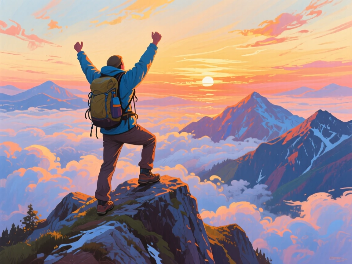 A hiker reaching a mountain summit at sunrise, arms raised in triumph over a sea of clouds