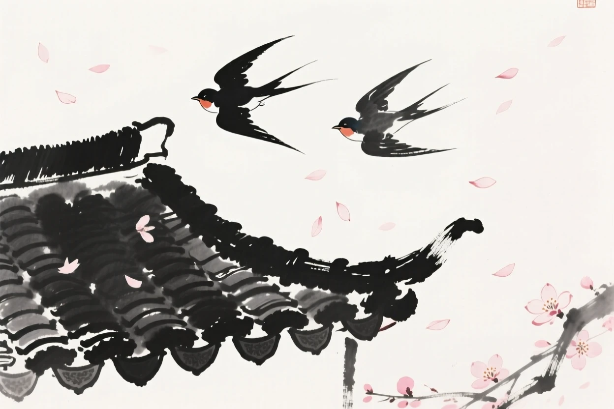 Two swallows dart above a tiled rooftop, as petals drift down around it.