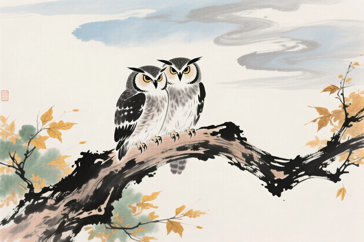 A pair of owls perched together on an old twisted branch, beneath low hanging clouds, full of quiet reverence, as autumn leaves turn golden.