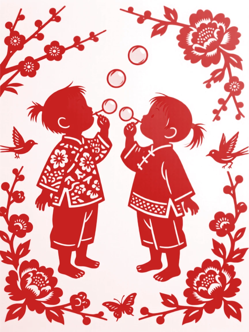 Two barefoot village children, blowing bubbles that catch the afternoon light, the scent of blossoms filling the spring air.