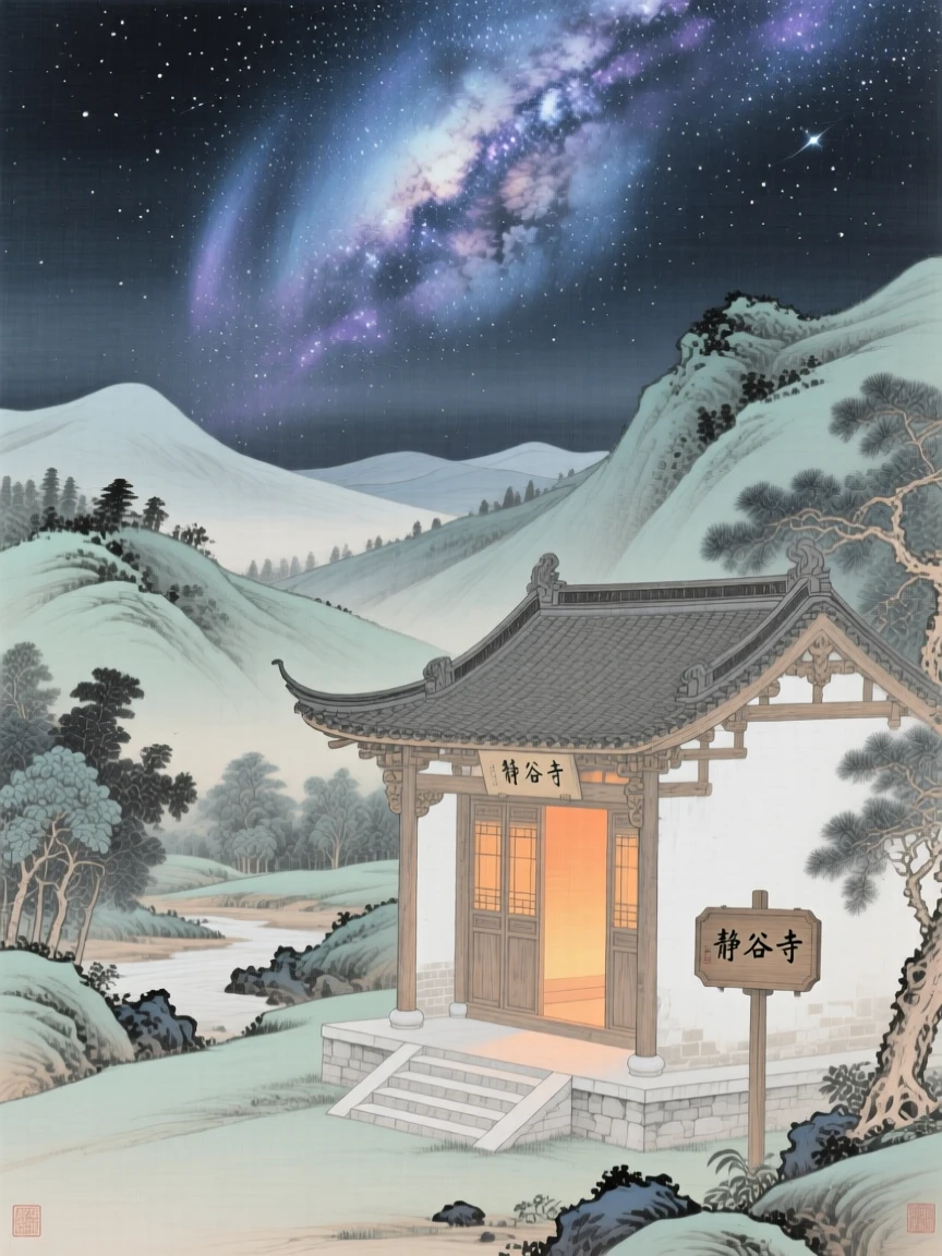 The milky way stretching over a quiet valley, beside a quiet temple with a single lit window