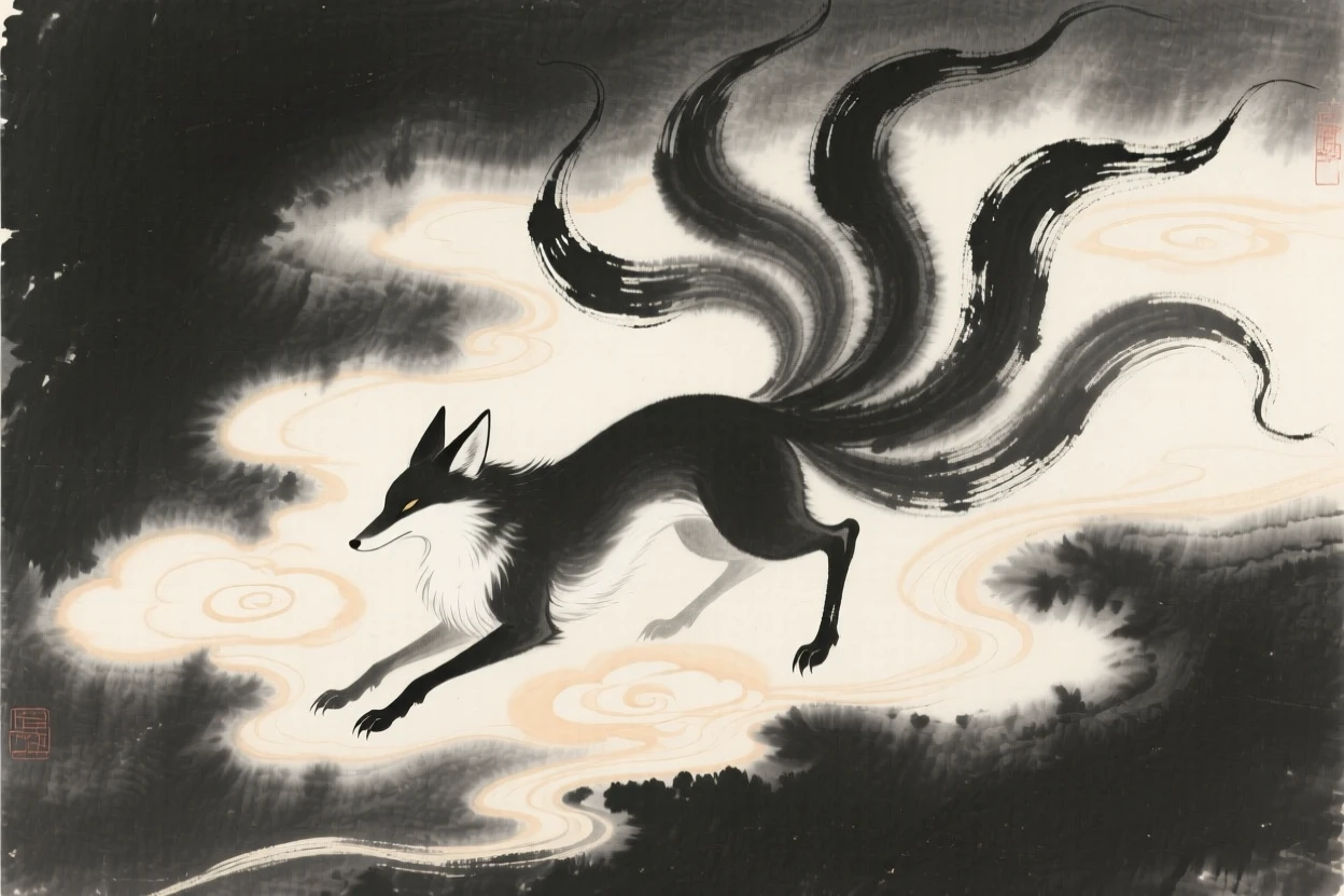 A spirit fox with nine flowing tails within a swirl of luminous cloud, balanced with soft negative space around the central figure, suggesting ancient legend brought gently to life.