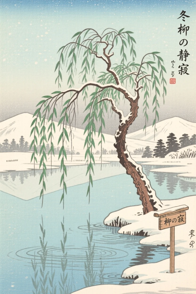 A willow tree trailing over still water, reflecting a pale winter sky.