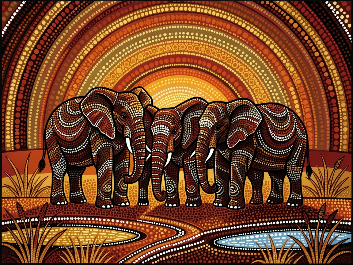 A African elephant family gathered at sunset