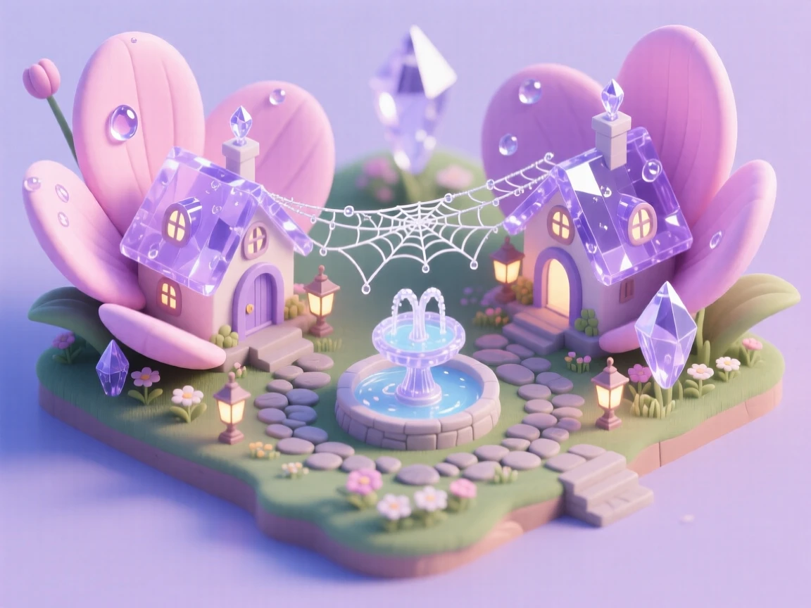 A crystal fairy garden village nestled among giant flower petals, with dewdrop windows and a spiderweb bridge glistening in the morning light.