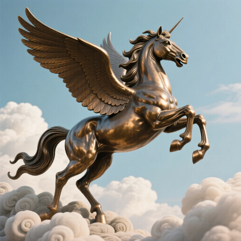 A winged pegasus soaring above the clouds, with wings fully outstretched in majestic display, radiating awe and grandeur
