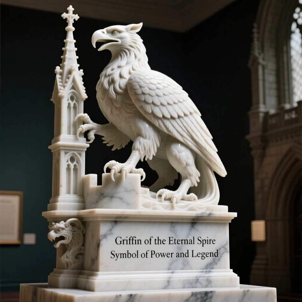 A griffin perched atop a castle spire, bathed in an otherworldly glow, radiating power and legend