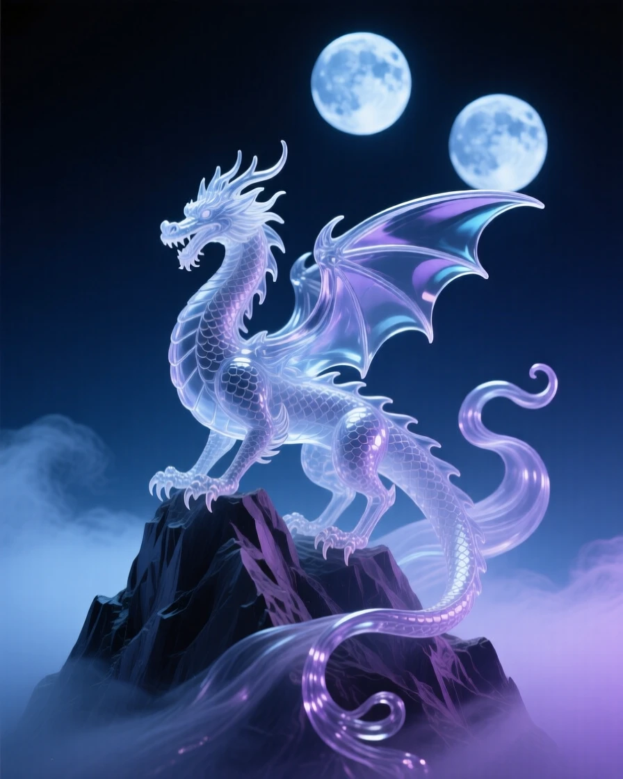 A majestic dragon perched on a mountain peak under a twilight sky filled with two moons, atmospheric fog rolling through the scene, feeling mysterious and enchanting.