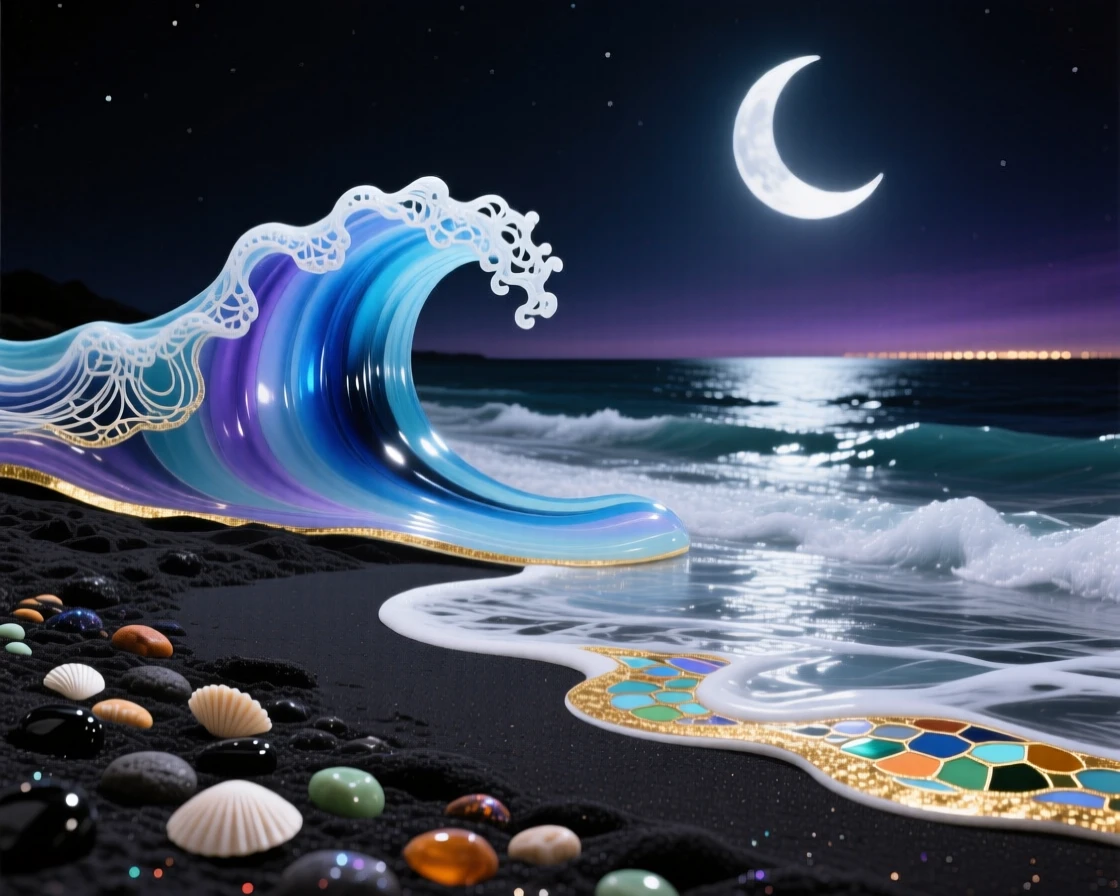 A moonlit beach with gentle waves lapping against volcanic black sand, serene and mysterious.